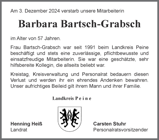 Traueranzeige von Barbara Bartsch-Grabsch von Peiner Nachrichten