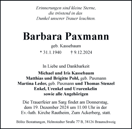 Traueranzeige von Barbara Paxmann 