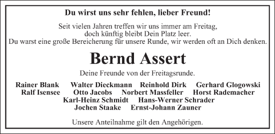 Traueranzeige von Bernd Assert 