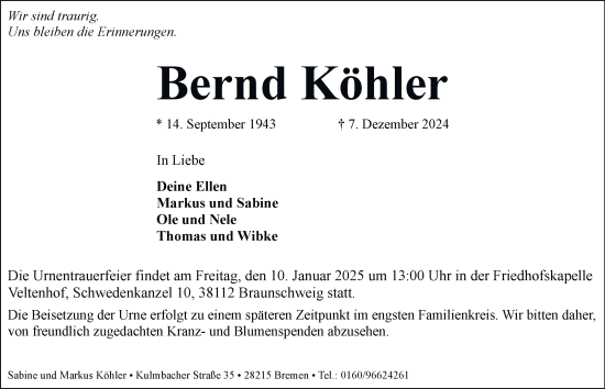 Traueranzeige von Bernd Köhler 