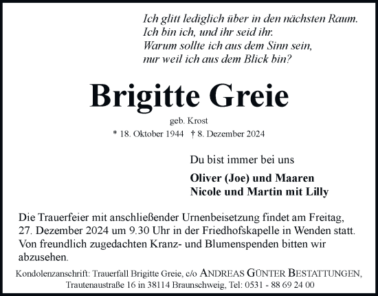 Traueranzeige von Brigitte Greie 