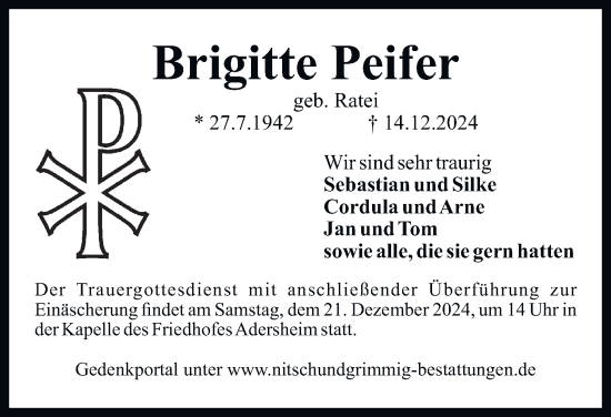 Traueranzeige von Brigitte Peifer von Wolfenbütteler Zeitung