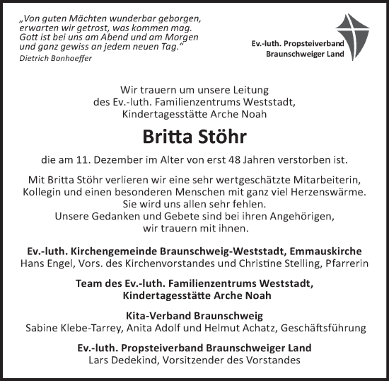 Traueranzeige von Britta Stöhr 