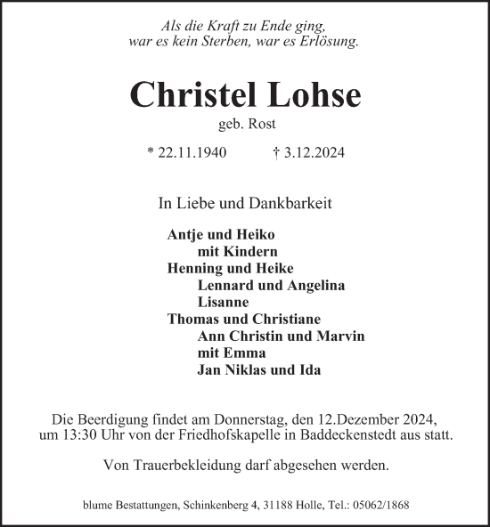 Traueranzeige von Christel Lohse von Salzgitter-Zeitung