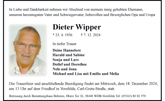 Traueranzeige von Dieter Wipper 