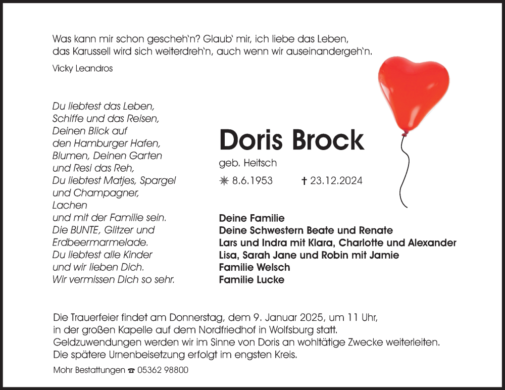  Traueranzeige für Doris Brock vom 31.12.2024 aus 