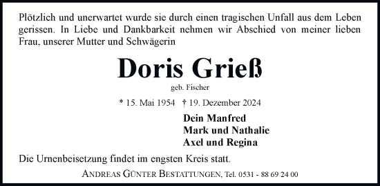 Traueranzeige von Doris Grieß 