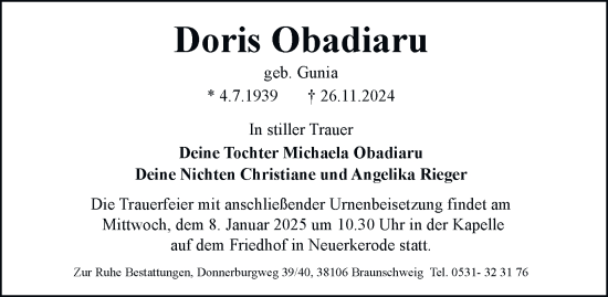 Traueranzeige von Doris Obadiaru 