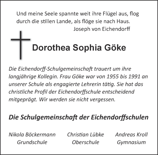 Traueranzeige von Dorothea Sophia Göke 