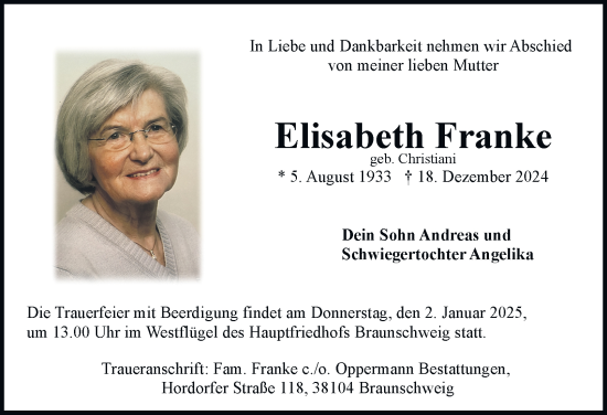 Traueranzeige von Elisabeth Franke 