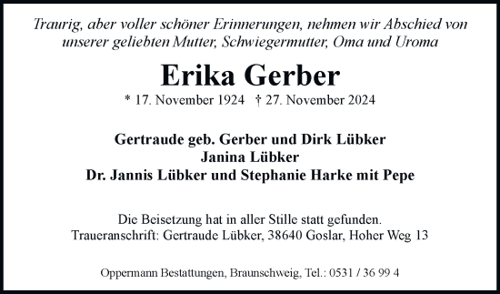 Traueranzeige von Erika Gerber 