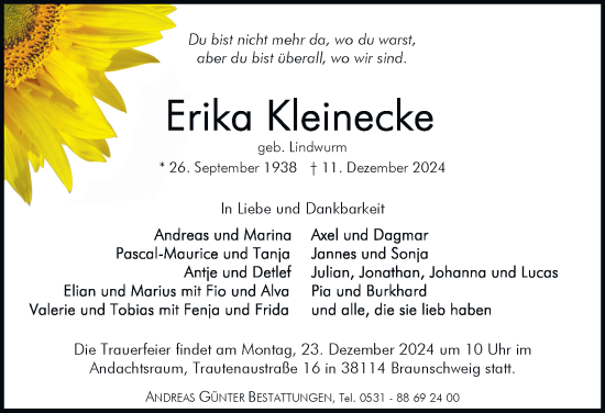 Traueranzeige von Erika Kleinecke 