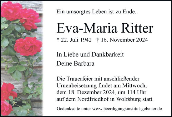 Traueranzeige von Eva-Maria Ritter 