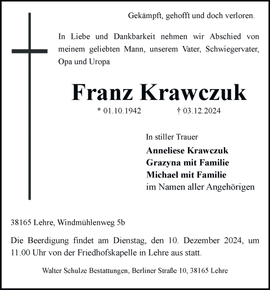 Traueranzeige von Franz Krawczuk von Helmstedter Nachrichten