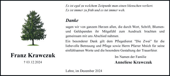 Traueranzeige von Franz Krawczuk von Helmstedter Nachrichten