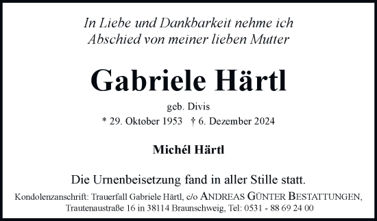 Traueranzeige von Gabriele Härtl 