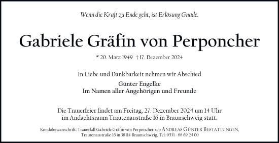 Traueranzeige von Gabriele Gräfin von Perponcher 