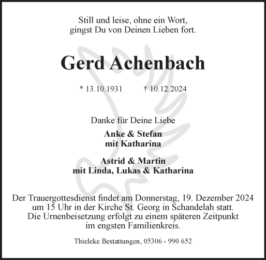 Traueranzeige von Gerd Achenbach von Wolfenbütteler Zeitung