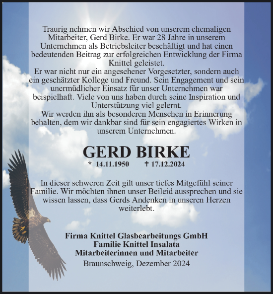 Traueranzeige von Gerd Birke 