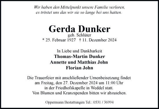 Traueranzeige von Gerda Dunker 