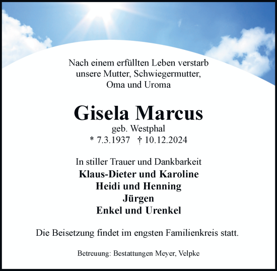 Traueranzeige von Gisela Marcus von Helmstedter Nachrichten