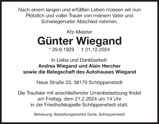 Traueranzeige von Günter Wiegand von Wolfenbütteler Zeitung