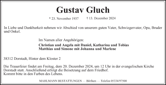 Traueranzeige von Gustav Gluch von Wolfenbütteler Zeitung