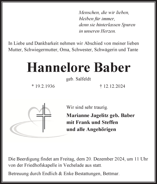 Traueranzeige von Hannelore Baber von Peiner Nachrichten