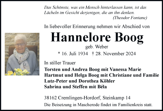 Traueranzeige von Hannelore Boog 