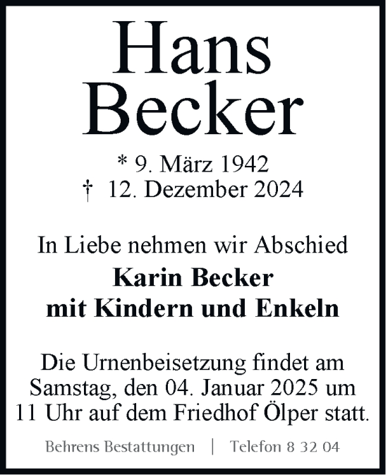 Traueranzeige von Hans Becker 