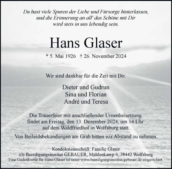 Traueranzeige von Hans Glaser 