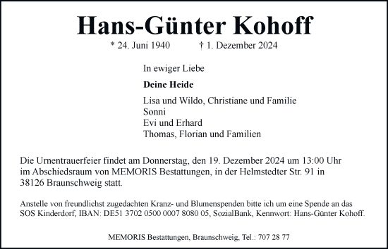 Traueranzeige von Hans-Günter Kohoff 