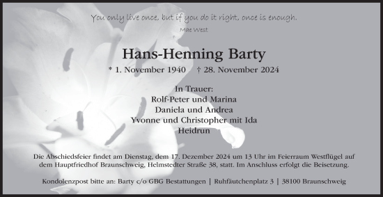 Traueranzeige von Hans-Henning Barty 