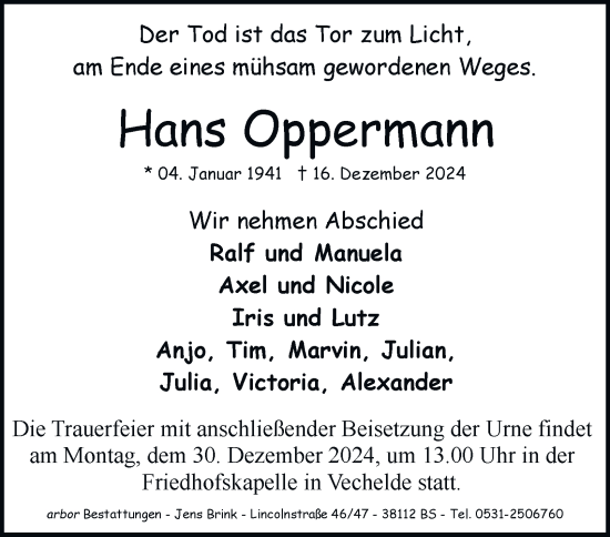 Traueranzeige von Hans Oppermann 