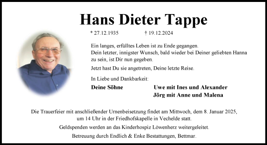 Traueranzeige von Hans Dieter Tappe von Peiner Nachrichten