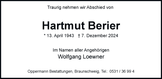 Traueranzeige von Hartmut Berier 