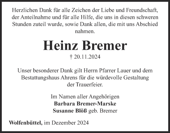 Traueranzeige von Heinz Bremer von Wolfenbütteler Zeitung