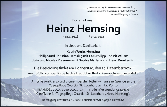 Traueranzeige von Heinz Hemsing 