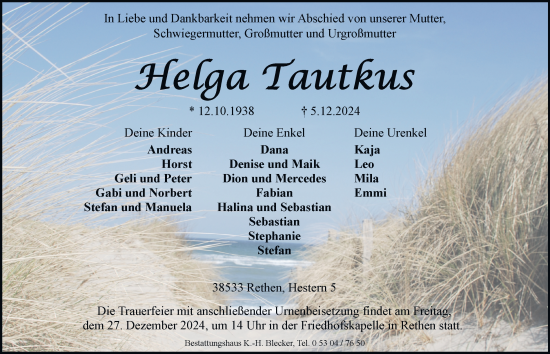 Traueranzeige von Helga Tautkus 