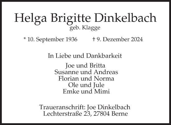 Traueranzeige von Helga Brigitte Dinkelbach 