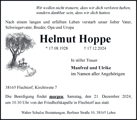 Traueranzeige von Helmut Hoppe von Helmstedter Nachrichten