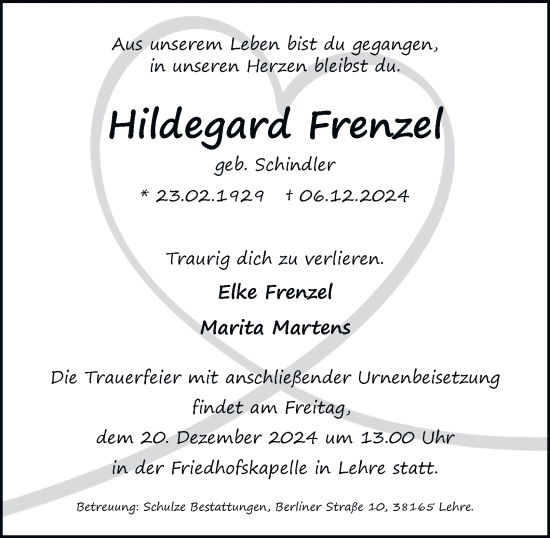 Traueranzeige von Hildegard Frenzel von Helmstedter Nachrichten