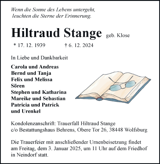 Traueranzeige von Hiltraud Stange 