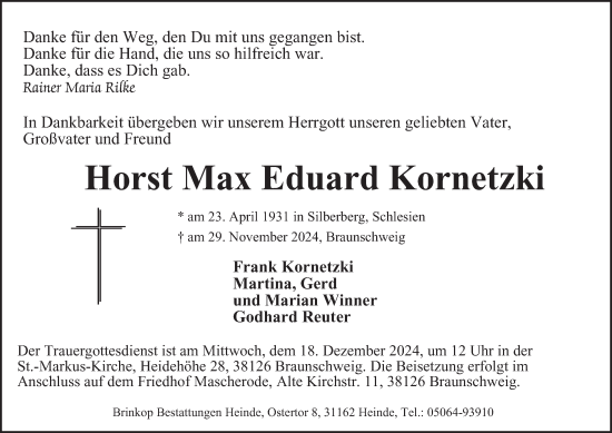 Traueranzeige von Horst Max Eduard Kornetzki 