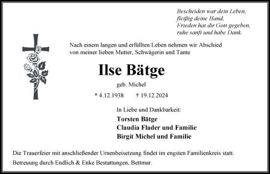 Traueranzeige von Ilse Bätge 