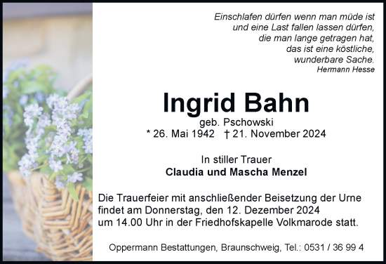 Traueranzeige von Ingrid Bahn 