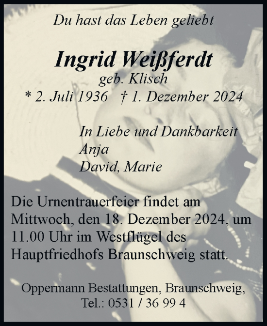 Traueranzeige von Ingrid Weißferdt 