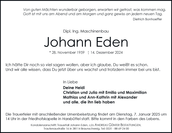 Traueranzeige von Johann Eden 