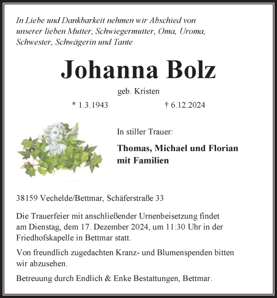 Traueranzeige von Johanna Bolz von Peiner Nachrichten