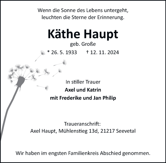 Traueranzeige von Käthe Haupt 